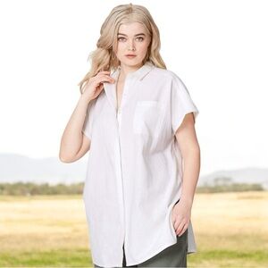 Ellos Linen Blend Collared Boxy Button Down Flowy Short Sleeve Oversized Blouse
